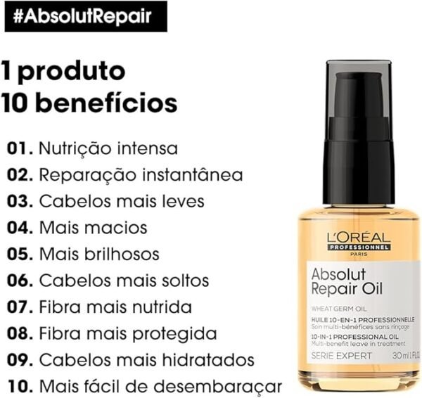 L'Oréal Professionnel Óleo 10 em 1 Absolut Repair | Multi-benefícios para cabelos secos e danificados | Repara e Promove Brilho | Com Gold Quinoa e Proteínas - Image 3