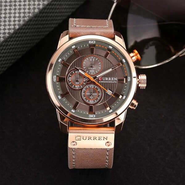 Relógio de pulso masculino militar com pulseira de couro, esportivo, à prova d'água, com cronógrafo, mostrador de data, de quartzo - Image 3